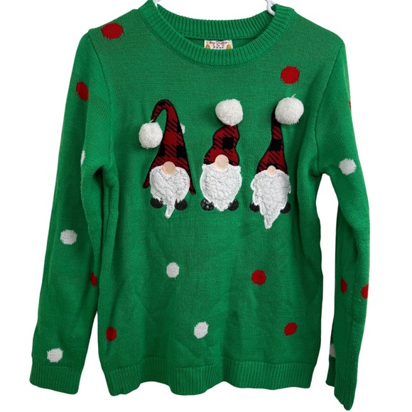 Poof Apparel Sweaters - Poof NY Christmas Gnome Sweater Women's Sm Green Pom Pom Knit Holiday Ugly Cute